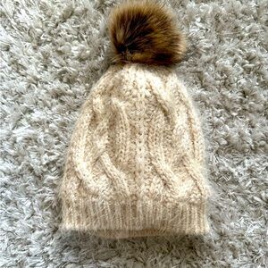 Cozy Beige Knit Beanie with Faux Fur Pom Pom